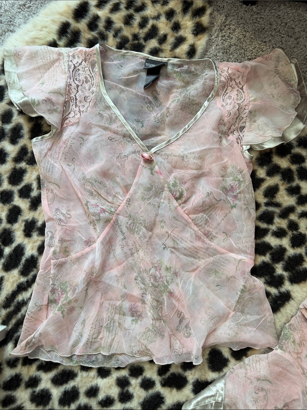 Sheer Floral Pink Satin-Trim Pajama Set - Picture 5 of 6